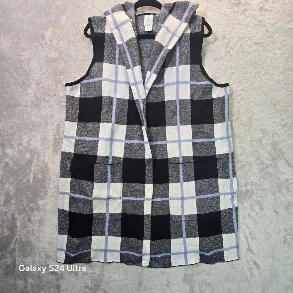 Joie Plaid Hooded Vest Womens 2X Black White Blue Knit Open Front Longline Vest